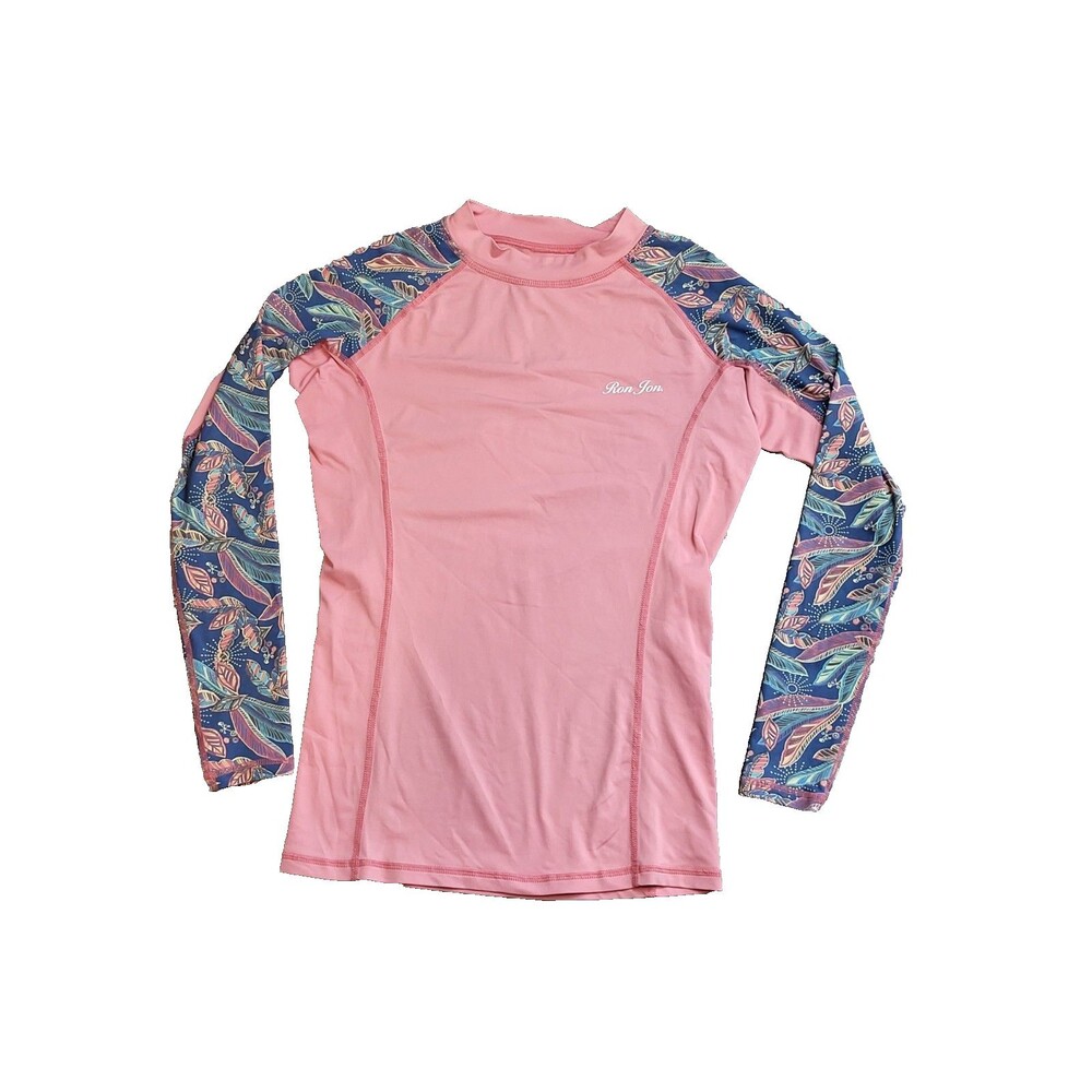 RON JON womens rash guard small pink feather prnt long sleeve boho surf swim top